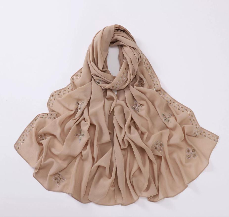 New Chiffon Hijab With Rhinestones Diamonds Scarf Shawls Solid Headscarf Wraps Ramadan Eid Hijabs Glitter Headband Turban