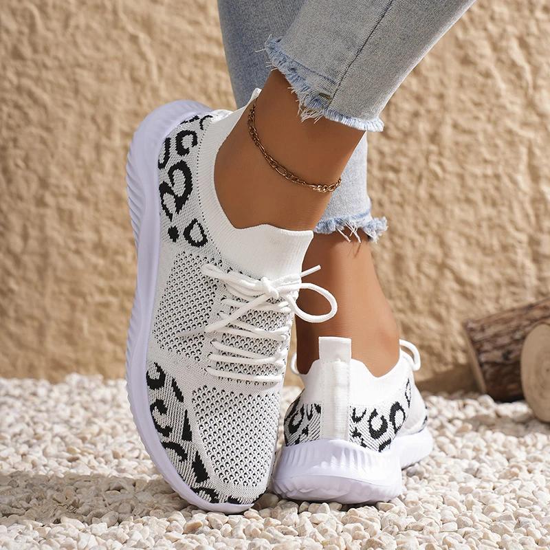 Leopard Print Casual Running Shoes for Women Comfort Soft Sole Breathable Knit Sneakers Woman Lightweight Slip On Walking Shoes