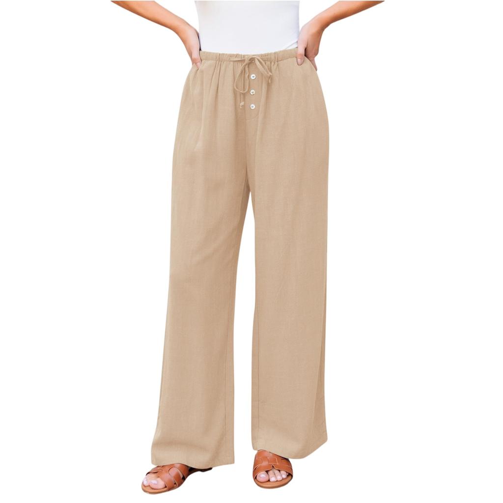 Women's Casual Fashion Cotton And Linen Drawstring Button Trousers