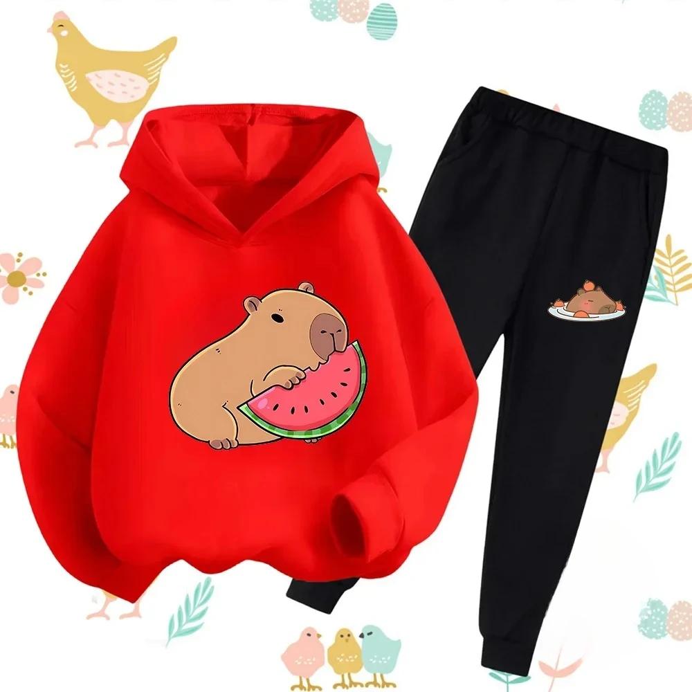 Autumn Winter New Capybara Cartoon Print Outfit Kids Hoodie Set Boys Girls 3-17 Casual Fashion Children's Set Trousers Pant Suit