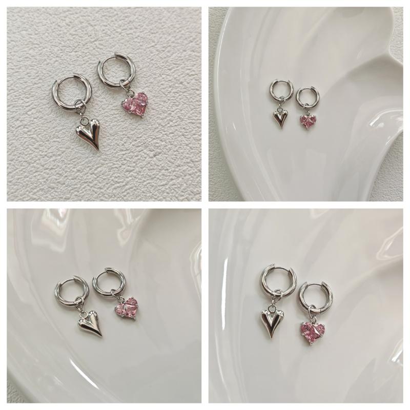 Sweet Pink Zircon Heart-Shaped Pendant Earrings For Women Simple Geometric Circular Ear Buckle Fashion Jewelry Accessories Gift