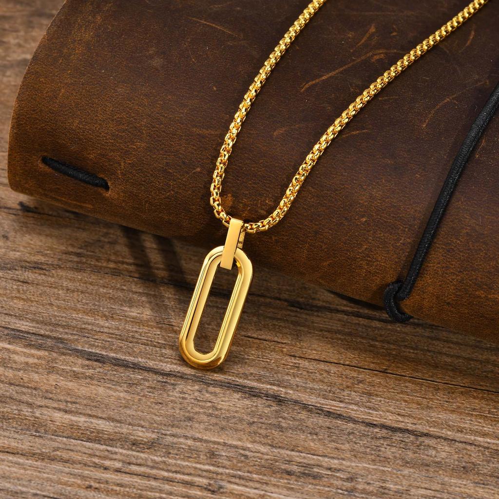 Men Geometric Necklaces, Waterproof Stainless Steel Hollow Pin Shaped Pendant with Box Chain Collar, Gifts for Him Jewelry
