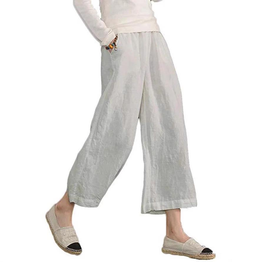 2Women's Linen Cotton Elastic Waist Wide Leg Casual Pants