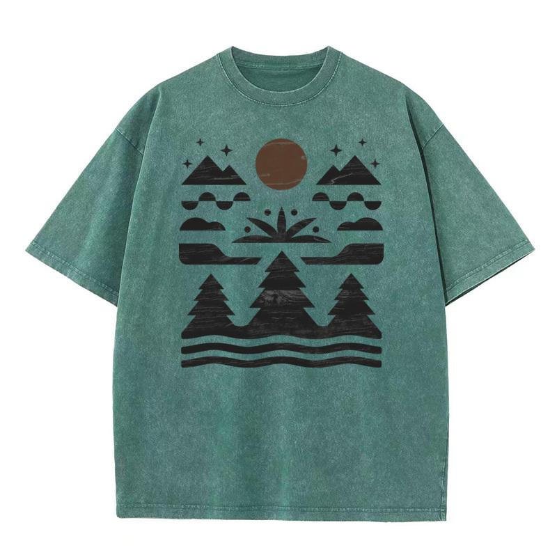 Mountain Outdoors Tree Washed T Shirt Leisure Discount Round Collar All Cotton Tops Tees Washed Tshirts for Women Father Day