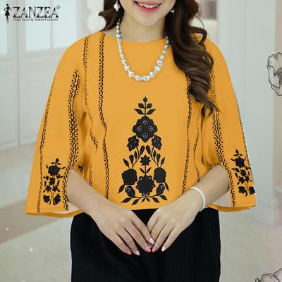 Women Casual Round Neck 3/4 Sleeve Loose Print Blouse
