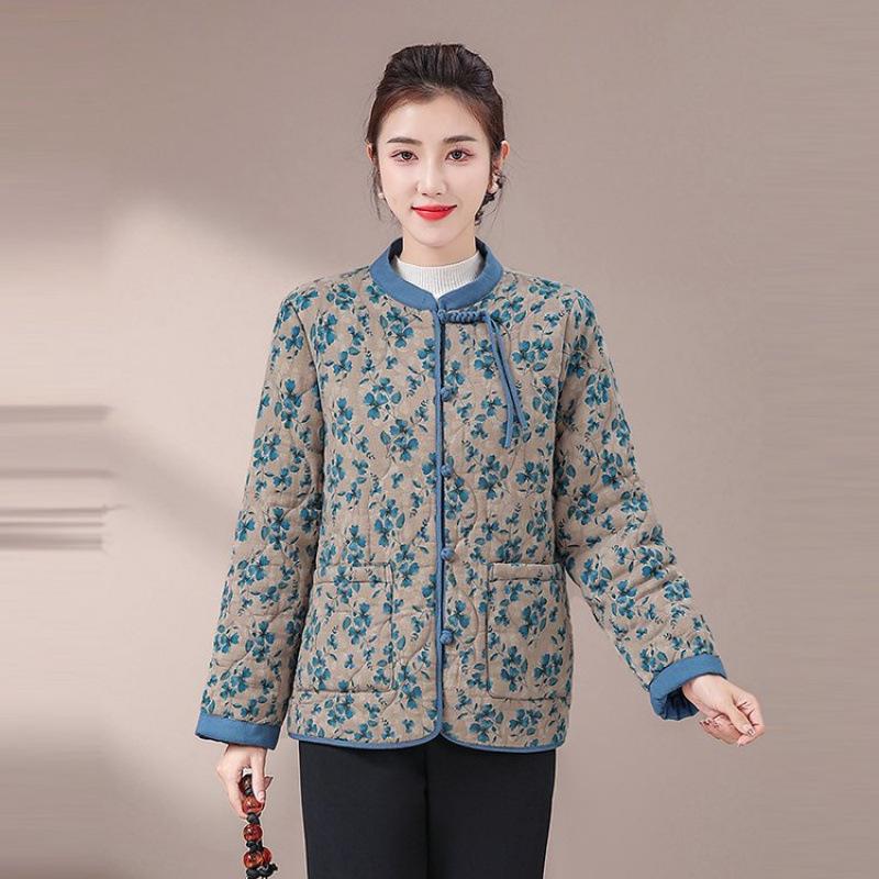 

Button stand-up collar padded jacket for women s winter new retro printing padded padded padded jacket padded jacket 4XL recommends 140-77.5kg синий