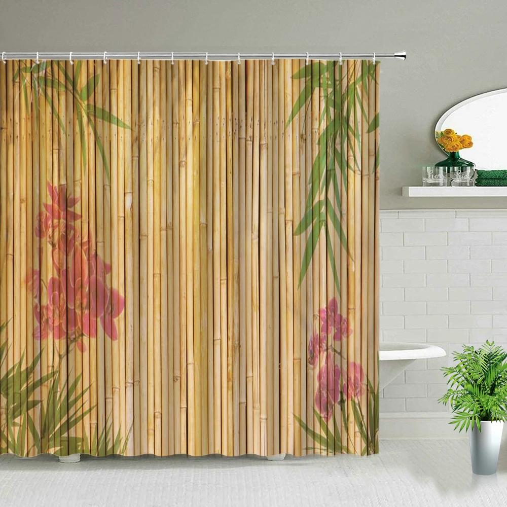 Yellow Green Bamboo Lotus Shower Curtain Bathroom Curtains Plant Flower Natural Scenery Fabric Background Wall Decor Screen Hook