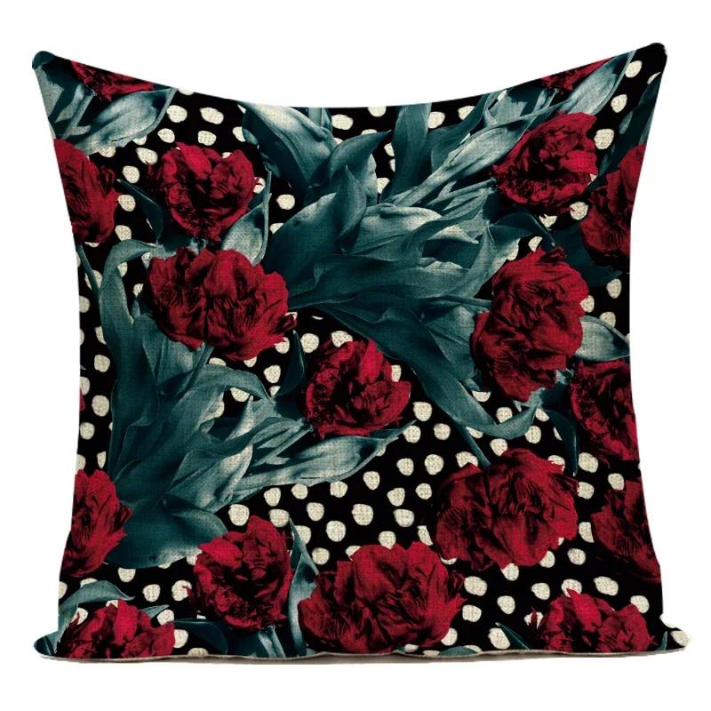 Polyester Decorative Throw Pillows Case Red Rose Purple Lavender Pillow Cover Flower Cushion Cover For Sofa Home Living Room