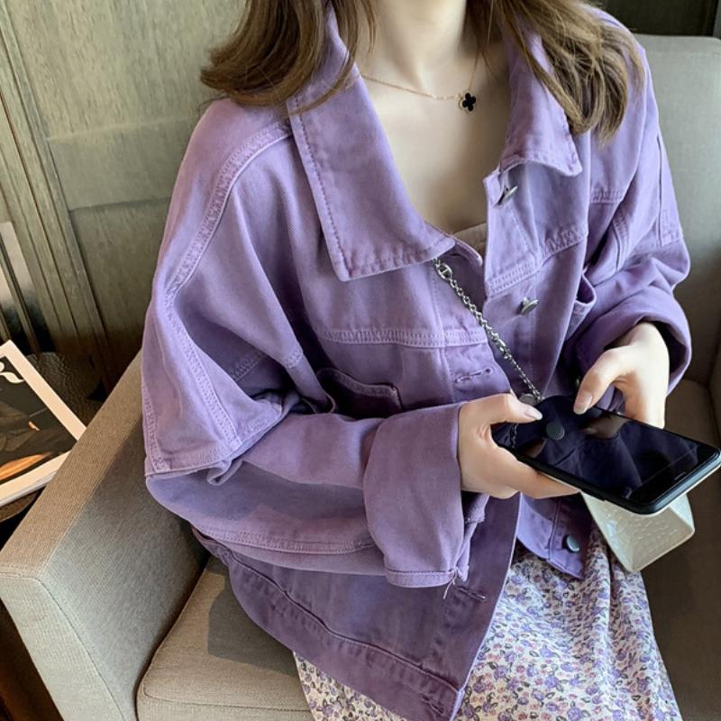 

IHUASU Женская свободная тонкая фиолетовая джинсовая короткая куртка осень и зима повседневные топы XXL фиолетовый