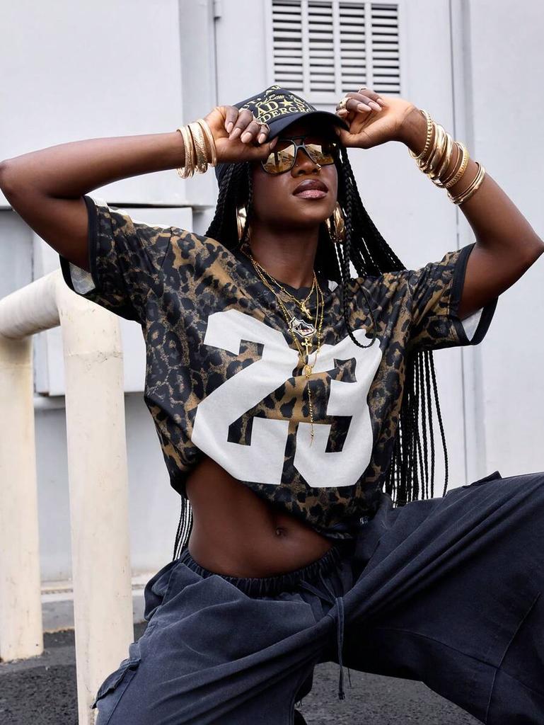 Summer Street Hip-Hop Style Sporty V-Neck Short-Sleeved Leopard Print Lettering Pattern Loose Quick-Drying Women's T-Shirt
