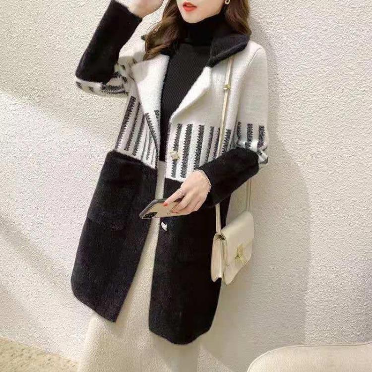 Autumn Winter Women Coat New Mink Velvet Thick Loose Sweater Collar Medium Long Knitted