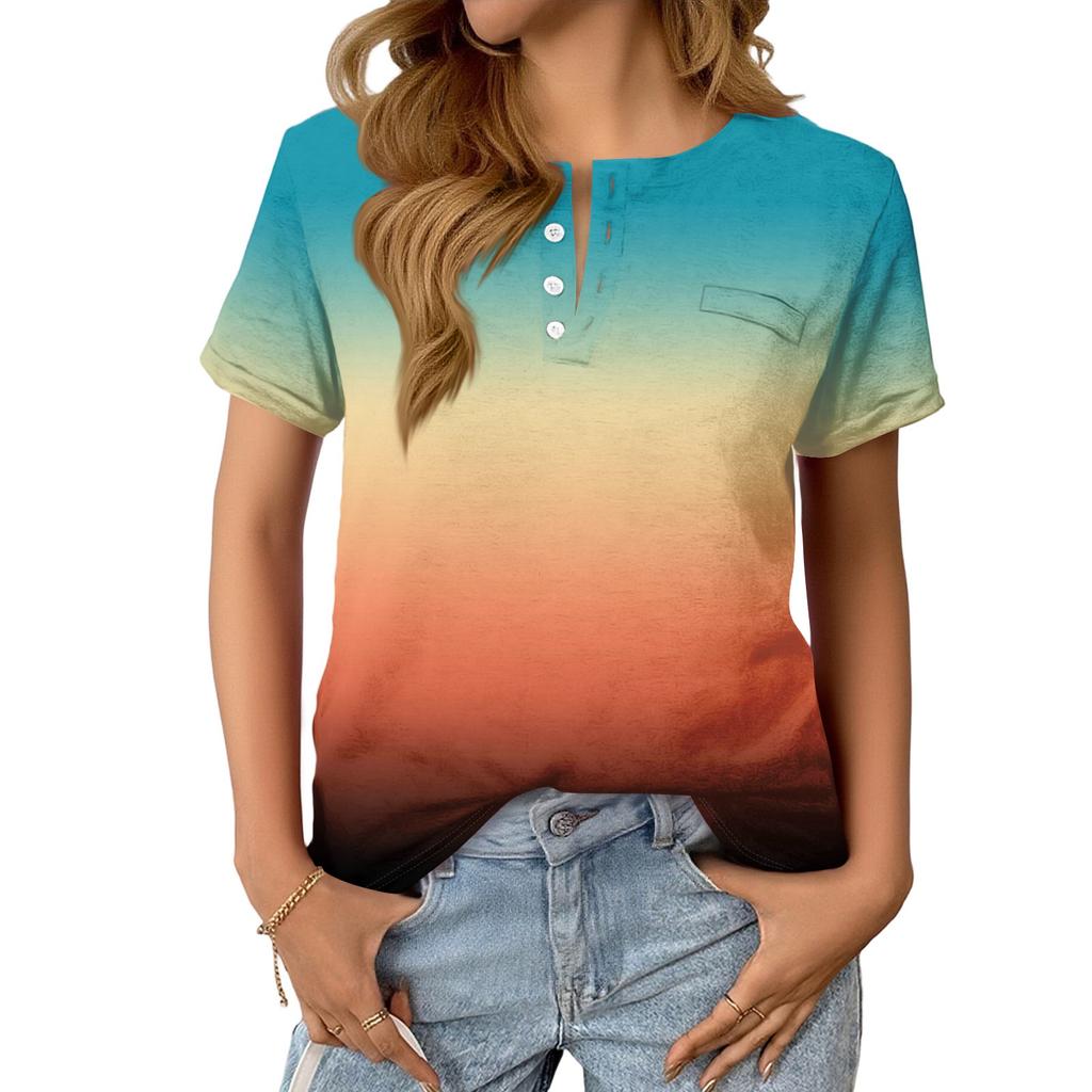 Women's Fashionable Casual Summer Gradient V-neck Button Short-sleeved Top