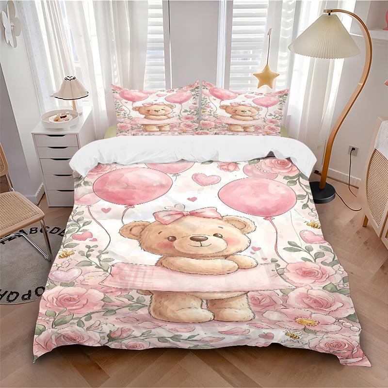 Teddy Bear Balloons Romance Print 3Pcs Bedding Setduvet Cover With 2 Bedropillowcase Home Birthday Gift