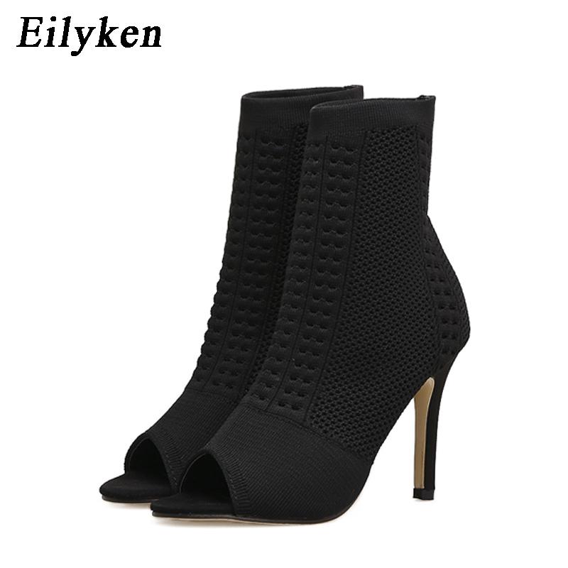 Eilyken Spring Design Ankle Boots Women Peep Toe Knitted Stretch Fabric Booties Sexy Cut-Out Stilettos High Heels Shoes