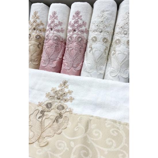 Guipure Satin Embroidered Patterned Boxed Luxury Dowery 50x90 6 Pcs Hand Face Towel Set