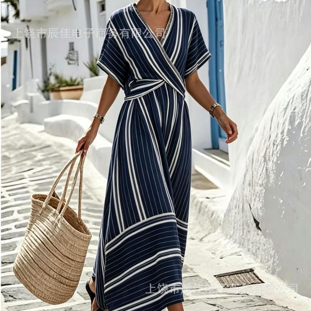Holiday style seaside v-neck loose long dress summer new simple dress