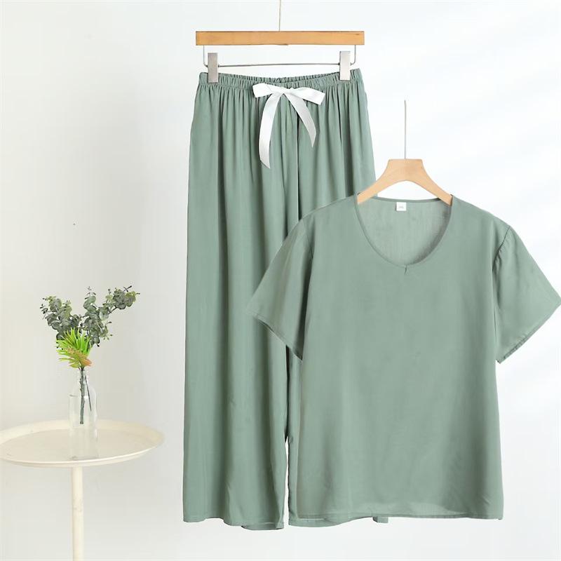 2025 Summer Floral Cotton & Rayon Women's Short-Sleeve V-Neck Top and Wide-Leg Pants Set for Middle-Aged & Elderly Moms