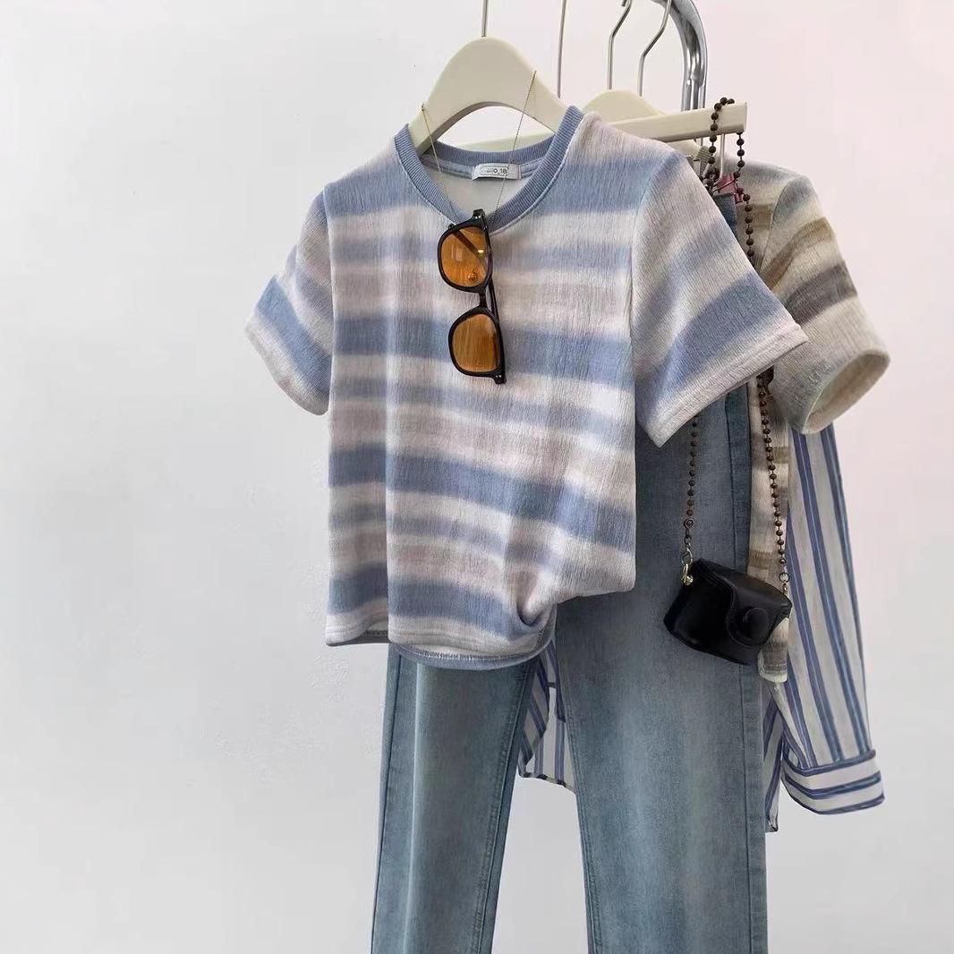 

Gradient Stripe Shoulder Tee: Women s 2025 Summer Design, Short Sleeve Top Extra Large