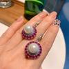 Vintage Pearl Earring Necklace Ring Set Women Micro-Set Red Corundum Inlay Elegant Minimalist Jewelry Gift