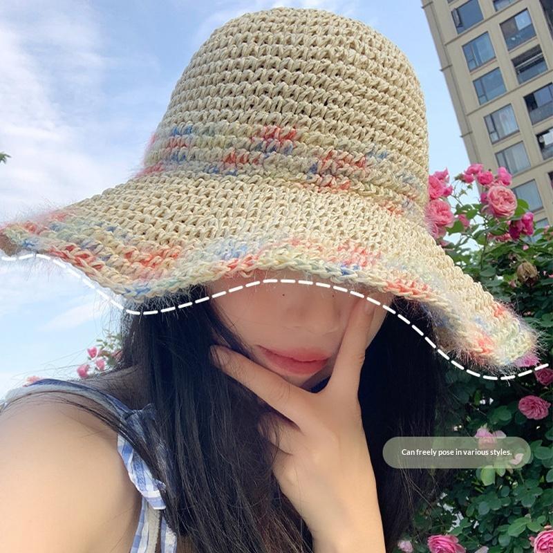 Summer Colorful Woven Straw Hat For Seaside Vacation Breathable Hollow Out Large Brim Uv Resistant Sun Hat