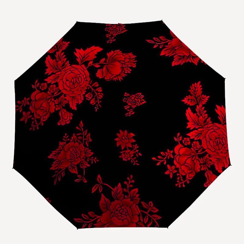 1pc Red Floral Pattern On Black Background Umbrella with Plastic Handle,Suitable for All Seasons Umbrellaptys26029