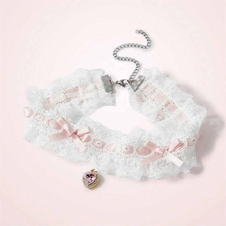 Double Layer Lace Bowknot Crystals Heart Necklace Alloy Adjustable Chain Jewelry Ideal for Romance Date