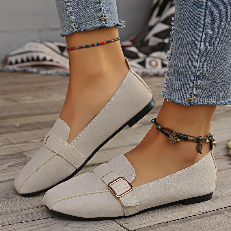 Fashion Square Toe Flat Single Shoes Women's New Suede Metal Buckle Soft Sole Anti-slip Wear-resistant Low-top Shoes