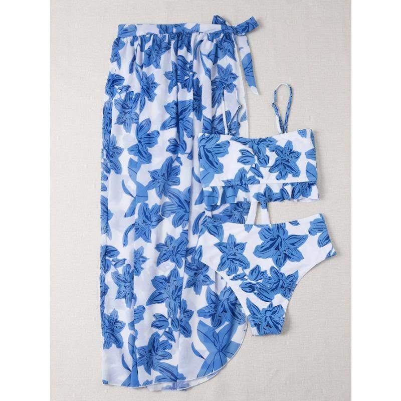 3 Pieces Floral Print Knot Front Bikinis 2025 Women Ruffle Swimwear Female High Waist Swimsuit With Beach Skirt Bathing Suit