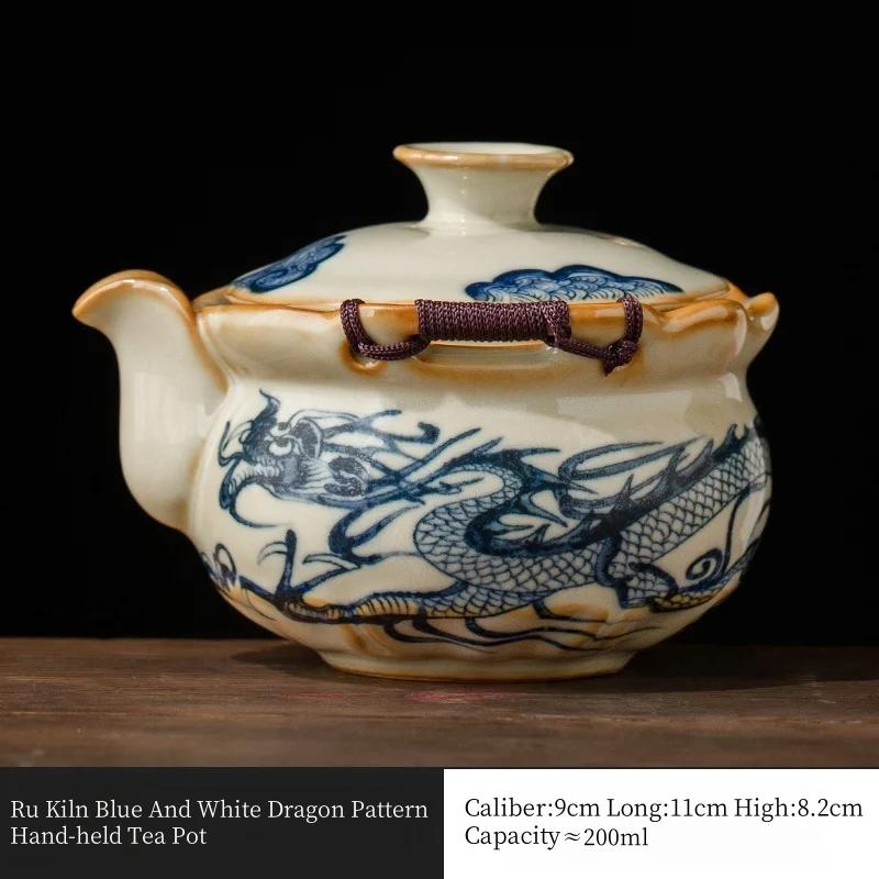 200ml Ru Kiln Blue and White Dragon Pattern Porcelain Teapot High-End Tea Bowl Tea Ceremony Set Hand-Held Teapot KungFu Tea Set