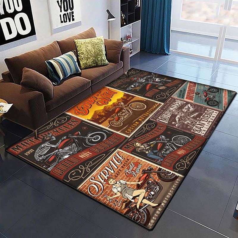 3D Retro Motorcycle Rug Large,Carpet Rug for Living Room Bedroom Sofa Decoration,Doormat Kitchen Non-slip Floor Mat Picnic  Camp