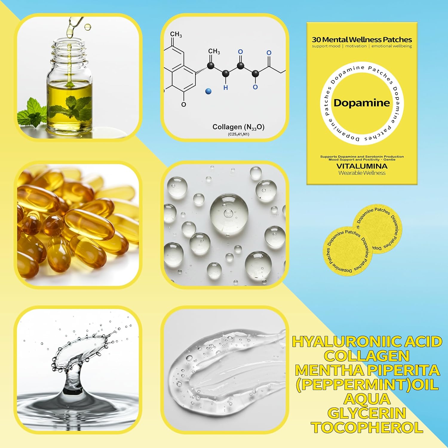 Dopamine Vegan Mental Wellness Mood Support Patches, Natural Dopamine & Serotonin Balance for Daily Wellness, Positive Energy & Mental Clarity