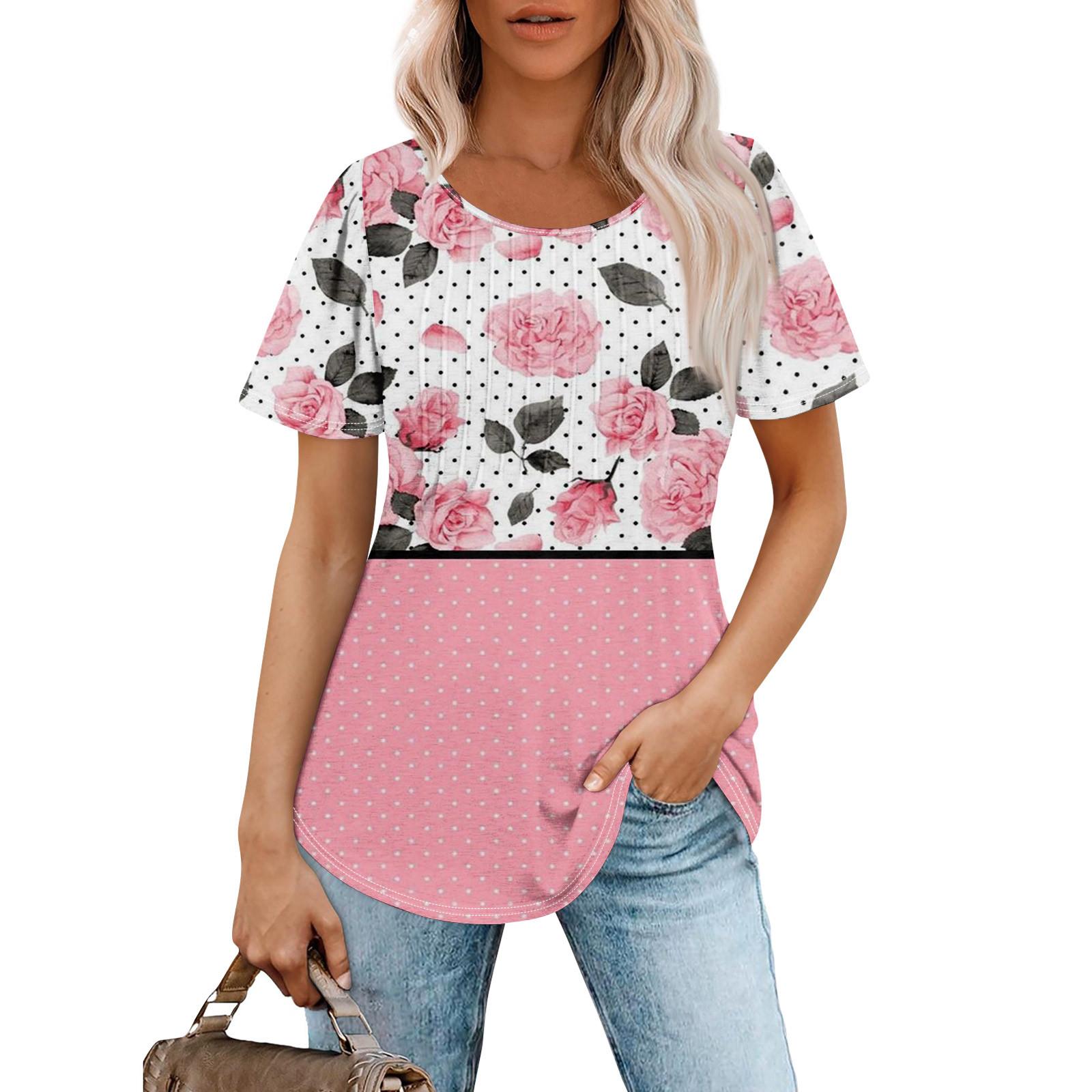 

Женская модная повседневная плиссированная футболка с короткими рукавами и круглым вырезом с принтом XL розовый