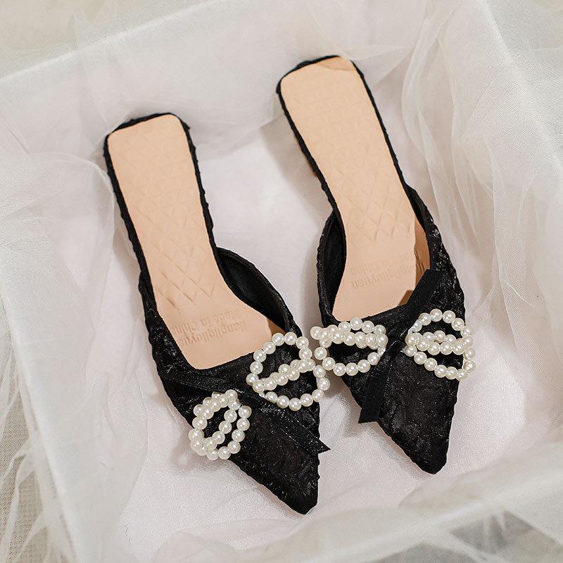 Baotou bär halvtofflor, damsommar 2025 nya damskor är populära i år, spetsig mellanhäl tjock häl svala tofflor