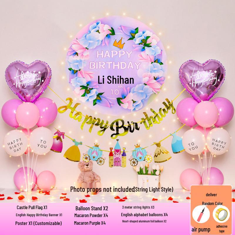 Happy Birthday Balloons for 7-8-Year-Old Girls - Home Party Decoration and Background Wall Decor