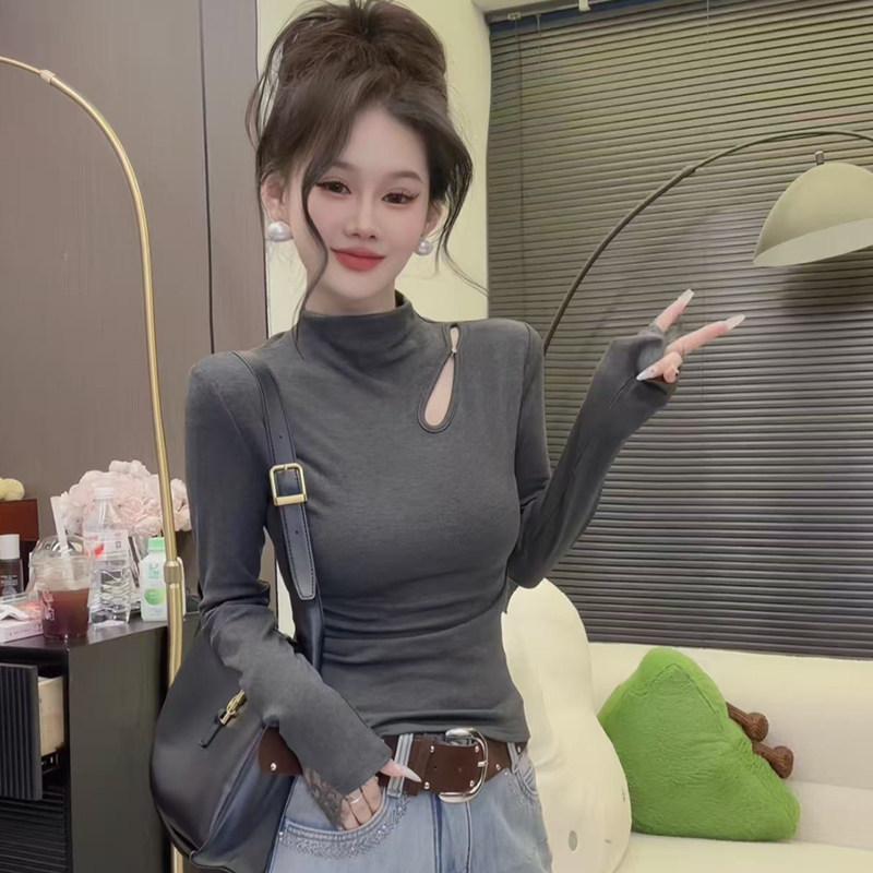 Damen Elegante Schlanke Passform Hoher Kragen Cut-Out Fleece Thermo-Unterhemd - Langarm Herbst/Winter Oberteil