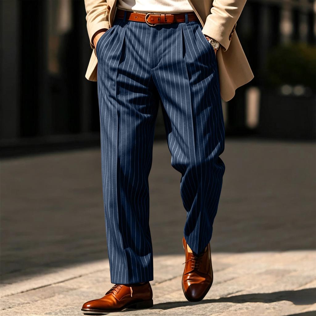 Men's Striped Dress Pants with Elastic Waistband and Button Closure for Business Work