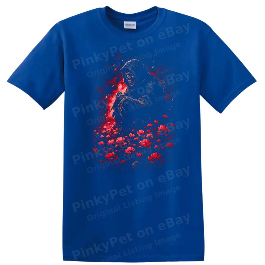 Skull Grim Reaper Sitting Red Flowers Art Graphic T Shirt Cool Tee