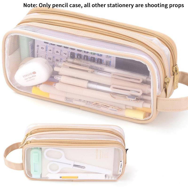 Transparent Large Mesh Pencil Case Double Layer Pencil Bag Handheld Portable Multifunctional Cosmetic Bag Stationery Storage