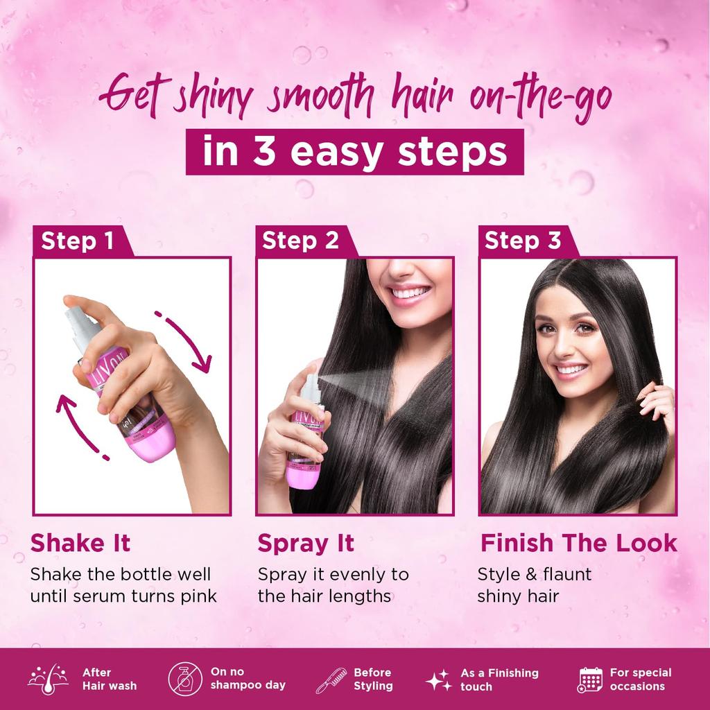 Livon Shake And Spray Hair Serum 100ml Frizz Control Gloss Boost Lightweight Hair Mist For Smooth Shiny Salon Finish Anywhere