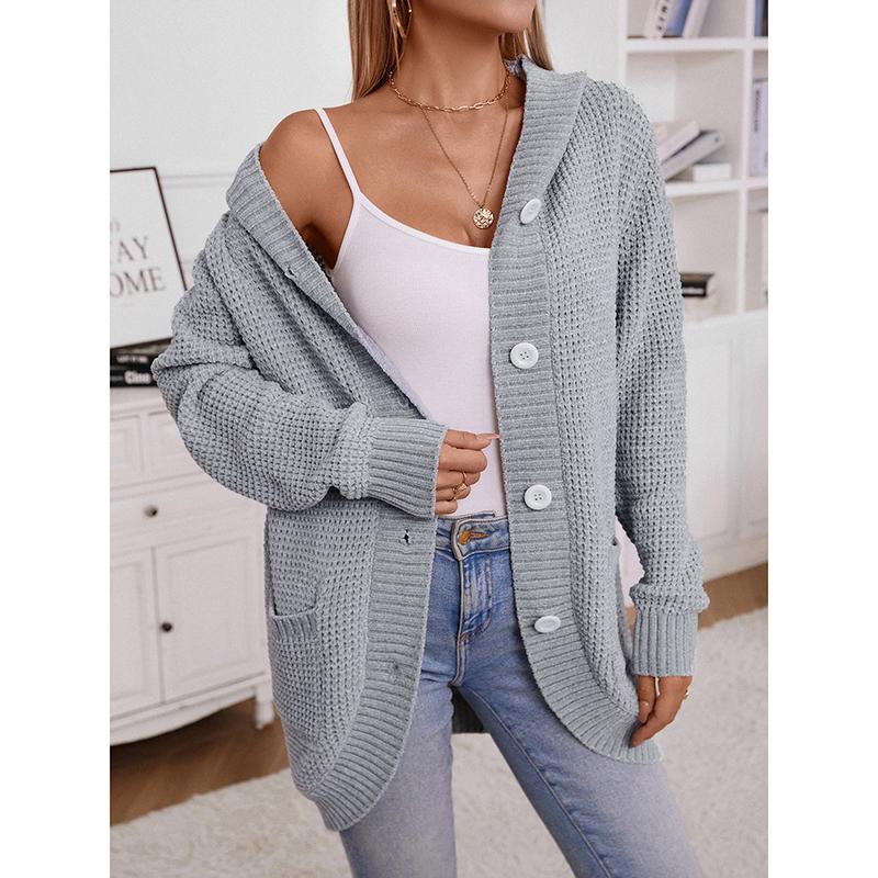 Winter Women's Clothing New Retro Sweater Women's Button Hooded Solid Color Long Sleeved Knitted Cardigan Office Women's Jacket