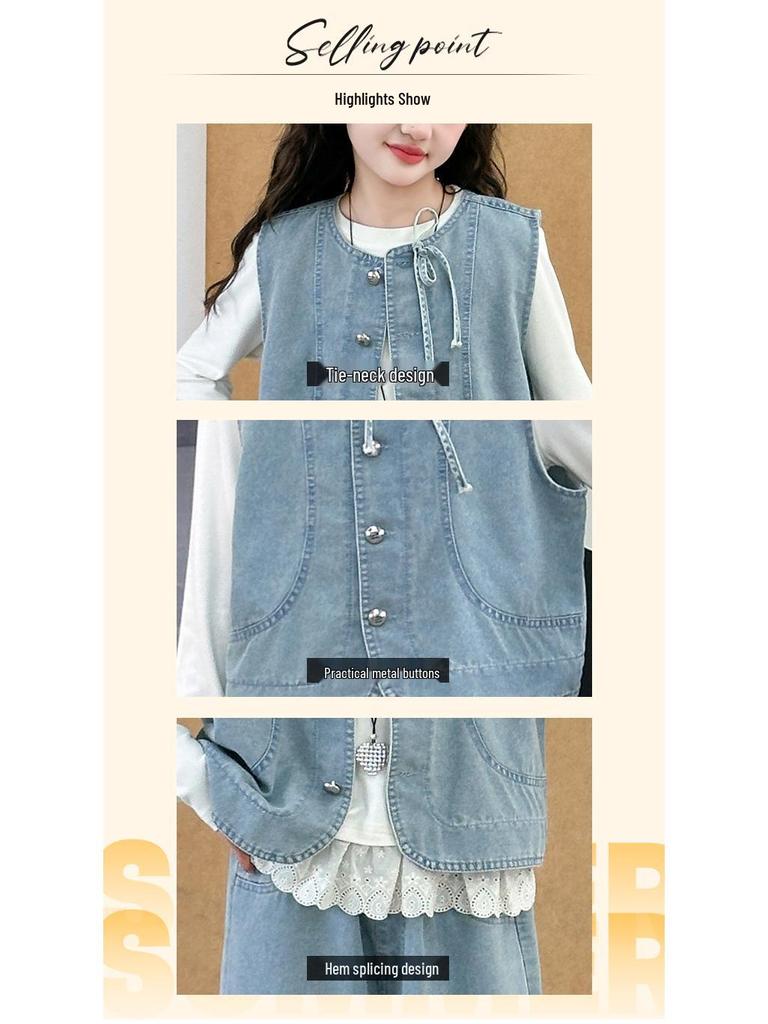 Flickors jeansväst och spetsbyxor set – Bas-tröja med lång ärm ingår (Vår/Höst 2025)