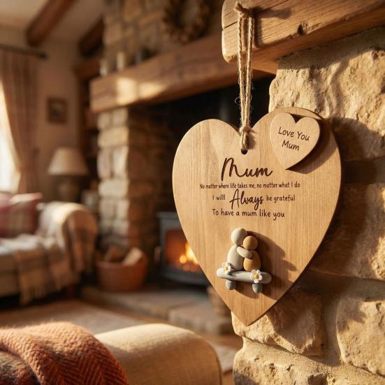 Mum Always Wooden Hanging Ornament Rustic Heart-Shaped Wall Plaque Hand Engraved Heart Keepsake for Mother's Day Birthday Christmas Gift