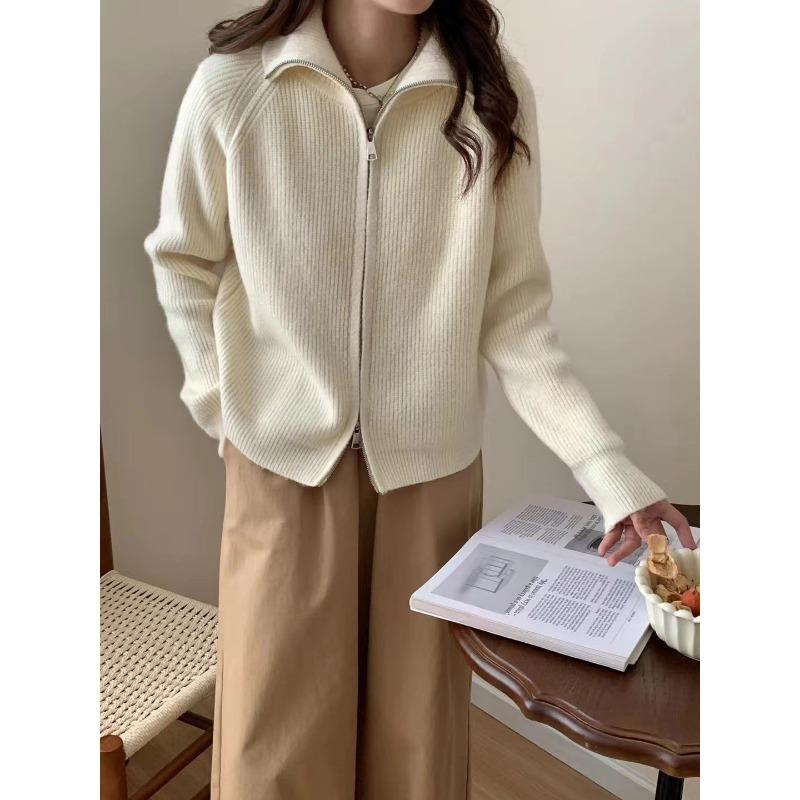 

Мягкая восковая куртка-свитер на двойной молнии женская осенне-зимняя новая однотонная ленивая вязаная кофта-кардиган женская One size