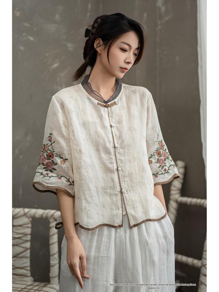 2025 Ethnic Style Ramie Shirt - Lightweight Embroidered Spring/Summer Chinese Design
