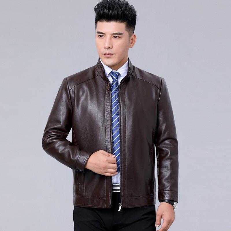 Mens Faux Leather Jacket Stand Collar Zip-Up Warm Thick Winter Business Casual Outerwear