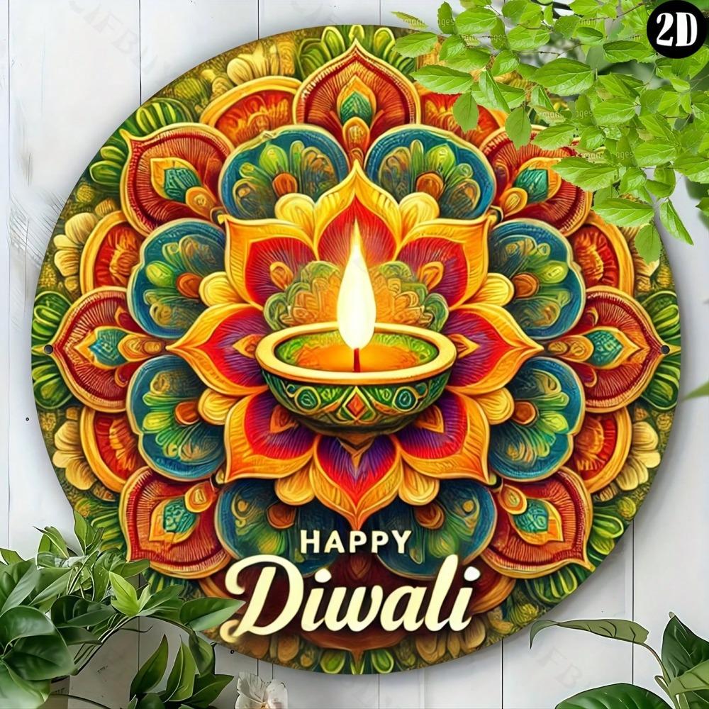 Metal Wall Art Hindu Festival Diwali Round Sign Home Office Decor Durable Aluminum Gift for Cafe Bar Living Room Indoor Outdoor