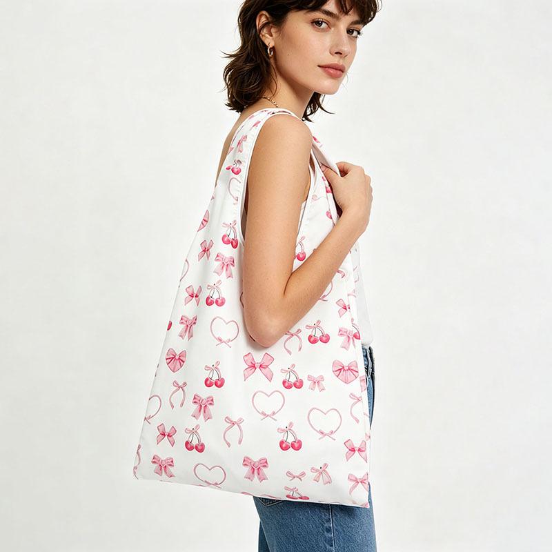 Sweet Cherry Bow Canvas Tote Bag - Large Capacity, Girly Single Shoulder Shopping Bag
