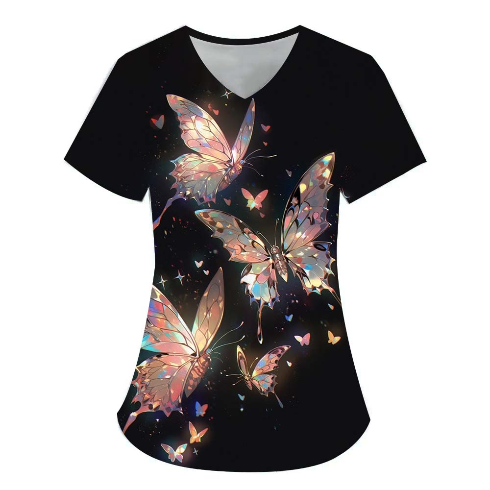 Butterfly Element 3D Digital Printed Women's Personalized and Fashionable Round Neck Short Sleeved T-shirt