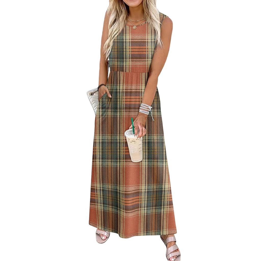Ladies' Plaid Printed Casual and Fashionable Waist Cinched Sleeveless Dress