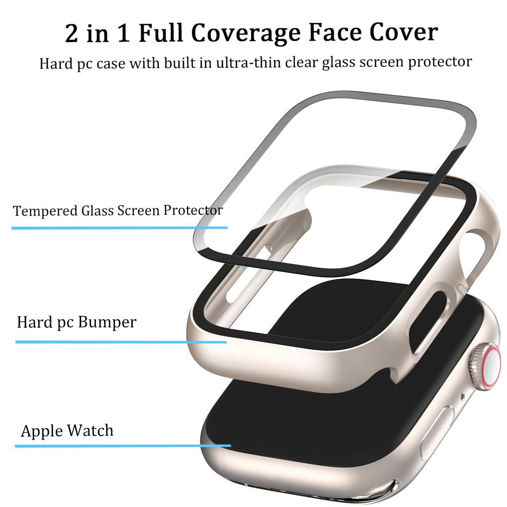 Glass+Case for Apple Watch Case 40mm 41mm 44mm 45mm 42mm 38mm  Accessories Screen Protector Cover Iwatch Series 3/4/5/6/7/8/9/SE